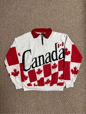 Vintage 90s Style Canada Red & White Canadian Flag Crewneck Quarter Zip Sweater